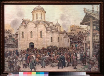 Invaze chána Tochtamyče (Toqtamych) do Moskvy (zemřel v roce 1406), v roce 1382 (zajetí města Zlatou hordou) - dílo Appolinari Michajloviče Vasněcova (1856-1933), akvarel a uhel na papíře