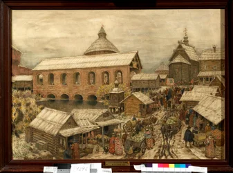 Procházka v moskevské čtvrti Okhotny Riad ve 13.–16. století – dílo Appolinariho Michajloviče Vasněcova (1856–1933)