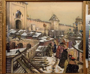 Moskva v 17. století, Knihkupectví na mostě Krista Spasitele (Moskva v 17. století, Knihkupectví na mostě Krista Spasitele) - Dílo Appolinariho Mychajloviče Vasněcova (1856-1933), akvarel a bílá na kartonu