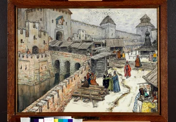 Moskva v 17. století, knihkupci na mostě Krista Spasitele - dílo Appolinariho Mychajloviče Vasněcova (1856-1933)
