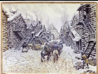 Stará Moskva. Tradiční dřevěná architektura pod sněhem. Dílo Appolinari Michajloviče Vasněcova (1856-1933), akvarel a křída na papíře