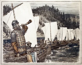 Jermak Timofejevič (asi 1540-1585) na řece Irtyš. (Jermak Timofejevič na Irtyši). Epizoda průzkumu a dobývání Sibiře, v roce 1583. Dílo Appolinari Michajloviče Vasněcova (1856-1933), litografie 1916. Ruské umění, 20.