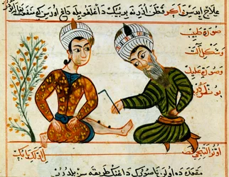 Kauterizace rány. Miniatura z dojetí arabského lékaře. 15. století Paříž, B.N.