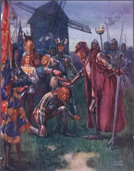 Princ ke svému otci klečí nízko: Jeho je bitva – jeho celá! ilustrace z Balady slavných bojů, kolem roku 1900