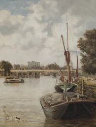 Současný Hammersmith Bridge ve výstavbě ukazuje dočasný most, 1886