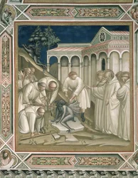 Těžký kámen, detail ze života svatého Benedikta (cca 480-cca 550), v sakristii, 1387