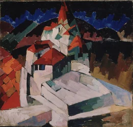 Kostel v Kislovodsku (Severní Kavkaz, Rusko) (Církev v Kislovodsku). Kubistický popis náboženské stavby v krajině. Obraz Aristarch Vasilijevič Lentulov (Lentulov) (1882-1943), olej na plátně