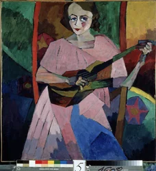 Žena s kytarou (Lady with a Guitar). Obraz Aristarch Vasiljevič Lentulov (Lentulov) (1882-1943), olej na plátně
