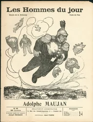 Obálka „Muži dne“, ca. 1905 - Ilustrace Aristide Delannoy (1874-1911): Balóny - Clemenceau George, Jaures Jean, Fallieres Armand (1841-1931), Maujan Adolphe (1853-1914)