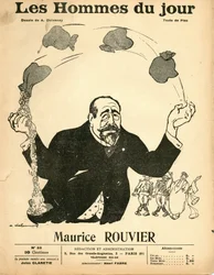 Obálka "" Les Hommes du jour ", cca 1906 - Ilustrace Aristide Delannoy (1874-1911): Stříbro - Rouvier Maurice (1842-1911) - Žonglování