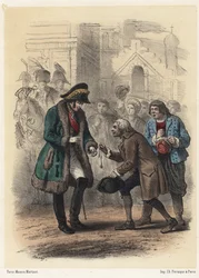 Král Karel XIV. (Jean de Suede) (John Baptiste Bernadotte) (1763-1844) je oceněn medailí svého bývalého učitele - Gravírování Telory