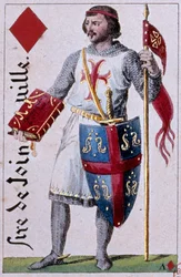 Zastoupení Jeana de Joinville (1225-1317) francouzského fejetonistu, přítele a důvěrníka krále Ludvíka IX. Detail hrací karty od Gustava Houbiganta (1789-1862) 19. století Paris B.N.