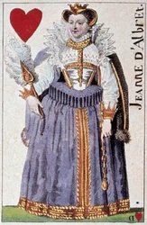 Zastoupení královny Johanky z Albretu (Johanka III. Navarrská) (1528-1572), matka Jindřicha IV. (1553-1610). Detail hrací karty od Gustava Houbiganta (1789-1862) 19. století Paris B.N.
