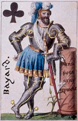 Zastoupení rytíře Pierra Terraila, lorda z Bayardu (1476-1524). Detail hrací karty od Gustava Houbiganta (1789-1862) 19. století Paris B.N.