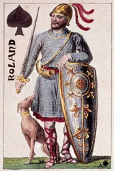 Představení rytíře Rolanda (neboli Hroudlanda), markýze z Bretaňských pochodů. Detail hrací karty od Gustava Houbiganta (1789-1862) 19. století Paris B.N.