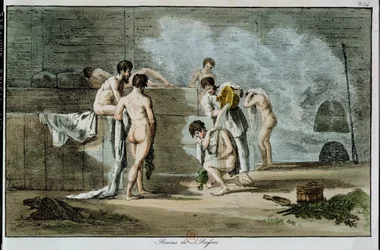 Ruští muži v sauně, od Mores et Coutumes Russes, 1821 (barevné litho)
