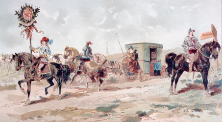 Krytý kočár tažený koňmi ze 17. století, 1886