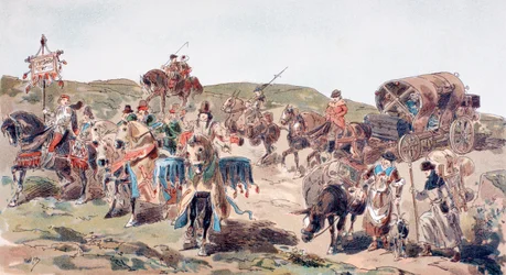 Vůz cestující s doprovodem v 15. století, 1886