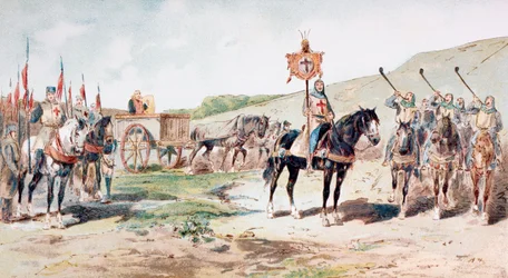 Křižáci na pochodu v 11. století se zásobovacím vozem taženým koňmi, 1886