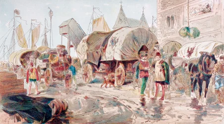 Povozy tažené koňmi plné zboží a patřící hanzovní lize dorazí do přístavu, 16. století, 1886