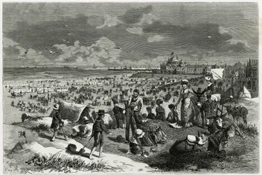 Pláž Ostende. Rytina od A. Heinse, k ilustraci příběhu „“ La Belgique“, od Camille Lemonnier (1844-1913), spisovatelky a umělecké kritiky. Publikováno v Tour du monde new journal des voyages