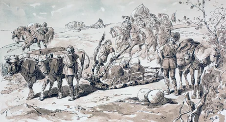 Voli kreslí primitivní saně naložené kameny, 1886