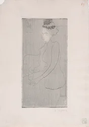 Femme assise avec chapeau a chochol (Sedící žena s opeřeným kloboukem) c.1893 (lept)