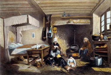 Selský interiér poblíž Royat v Auvergne. Maminka šije, tatínek sedí u velkého krbu, zatímco si děti hrají. Litografie Armanda Theophile Cassagne (1823-1907) 19. století. Musee National des Arts et Traditions Populaire, Paříž.