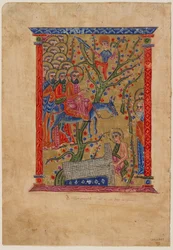 Folio z arménského rukopisu: Vjezd do Jeruzaléma, cca 1500 (inkoust, neprůhledné wc a zlato na papíře)