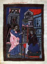 Zvěstování. Archanděl Gabriel navštěvuje Pannu Marii. Iluminace mistra Codexu Matenadaran (13. století), miniatura, akvarel na pergamenu