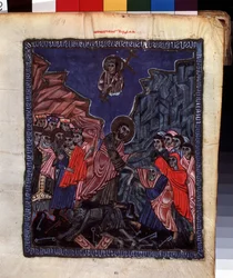 Sestup do pekla. Iluminace mistra Codexu Matenadaran (13. století), miniatura, akvarel na pergamenu
