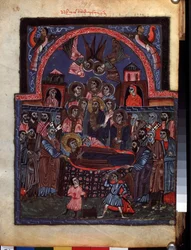 Usnutí Panny Marie. (Usnutí Panny Marie). Iluminace mistra Codexu Matenadaran (13. století), miniatura, akvarel na pergamenu