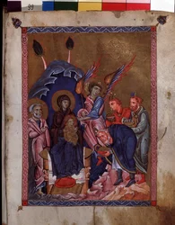 Klanění tří králů. Iluminace mistra Codexu Matenadaran (13. století), miniatura, akvarel na pergamenu