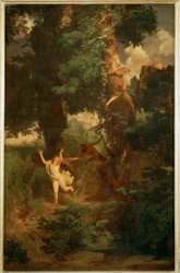 Syrinx von Pan verfolgt - Syrinx prchá před Panem... (malba na plátně)