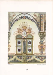 Dekorativní secesní architektura interiéru s obloukem a heraldickými prvky (litografie)