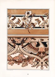 Ornamentální kompozice s květy, motýly a orlem (litografie)