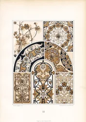 Stylizované květinové vzory ve zlatohnědých tónech (litografie)