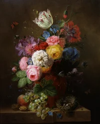 Zátiší s růžemi, máky, azalkami a tulipány. Obraz od Arnolduse Bloemerse (1786-1844). Soukromá sbírka.