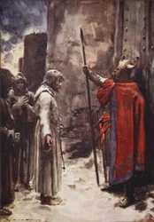 Bosý, ve vlasové košili, se Henry objevil před branami a prosil o vstup, ilustrace z „Historie Německa“ od H.E. Marshall