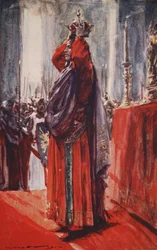 Došel k oltáři, kde ležela koruna: zvedl ji a položil si ji na hlavu, ilustrace z „Historie Německa“ od H.E. Marshall