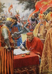Král Jan neochotně podepisuje Magna Chartu (barevně lito)