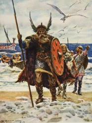 Vylodění Vikingů, ilustrace z „Tato naše země, Příběh Spojených států“ od H.E. Marshall