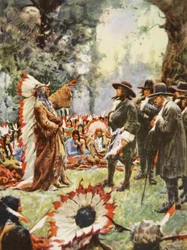 Smlouva Williama Penna s Indiány, ilustrace z „Tato naše země, Příběh Spojených států“ od H.E. Marshall