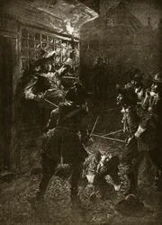 Stoupenci krále Karla II. napadli Sira Johna Coventryho, 1670, ilustrace z Hutchinsonova „Příběhu britského národa“, kolem roku 1920
