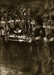 Strafford odevzdává svůj meč v Dolní sněmovně, ilustrace z Hutchinsonovy knihy „Story of the British Nation“, kolem roku 1920