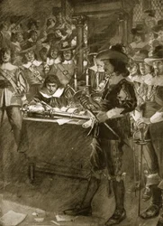 Strafford předává svůj meč Dolní sněmovně, ilustrace z „Hutchinsonova příběhu britského národa“, kolem roku 1923