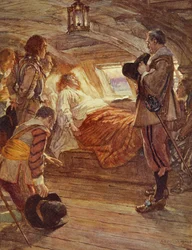 Smrt admirála Blakea (1599-1657), ilustrace z knihy Drakes Drum and Other Songs of the Sea od Henryho Newbolta (1862-1938)