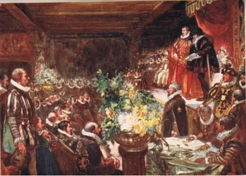 Císař dorazil opřený o rameno vysokého pohledného chlapce, ilustrace z Romance of History: The Netherlands, 20. léta