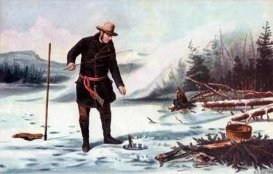 Lov pstruhů na jezeře Chateaugay, americké zimní sporty, 1856.