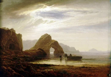Měsíční svit na Giltar Point u Tenby (Anglie), od jihu. Olej na plátně, asi 1872-1874, autor Arthur Gilbert (1819-1885).